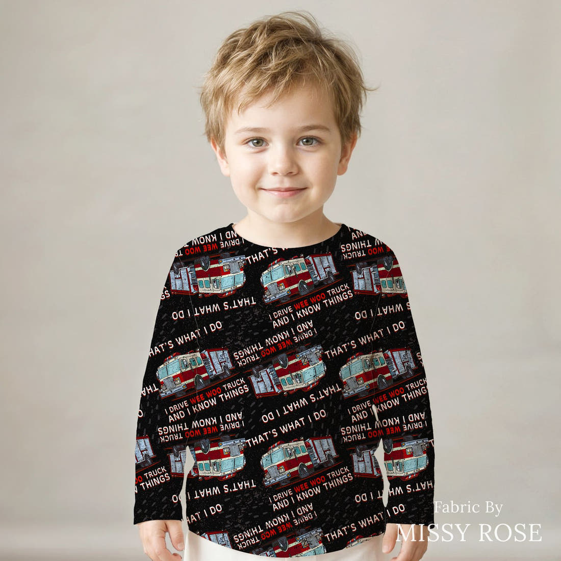Design 814 Fire Truck Fabric sewn into a kids' long sleeve top – see how the print looks made up | Fabric by Missy Rose