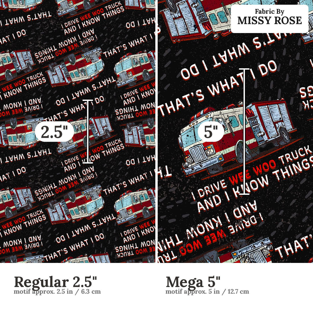 Design 814 Fire Truck Fabric size comparison - print scale | Fabric by Missy Rose