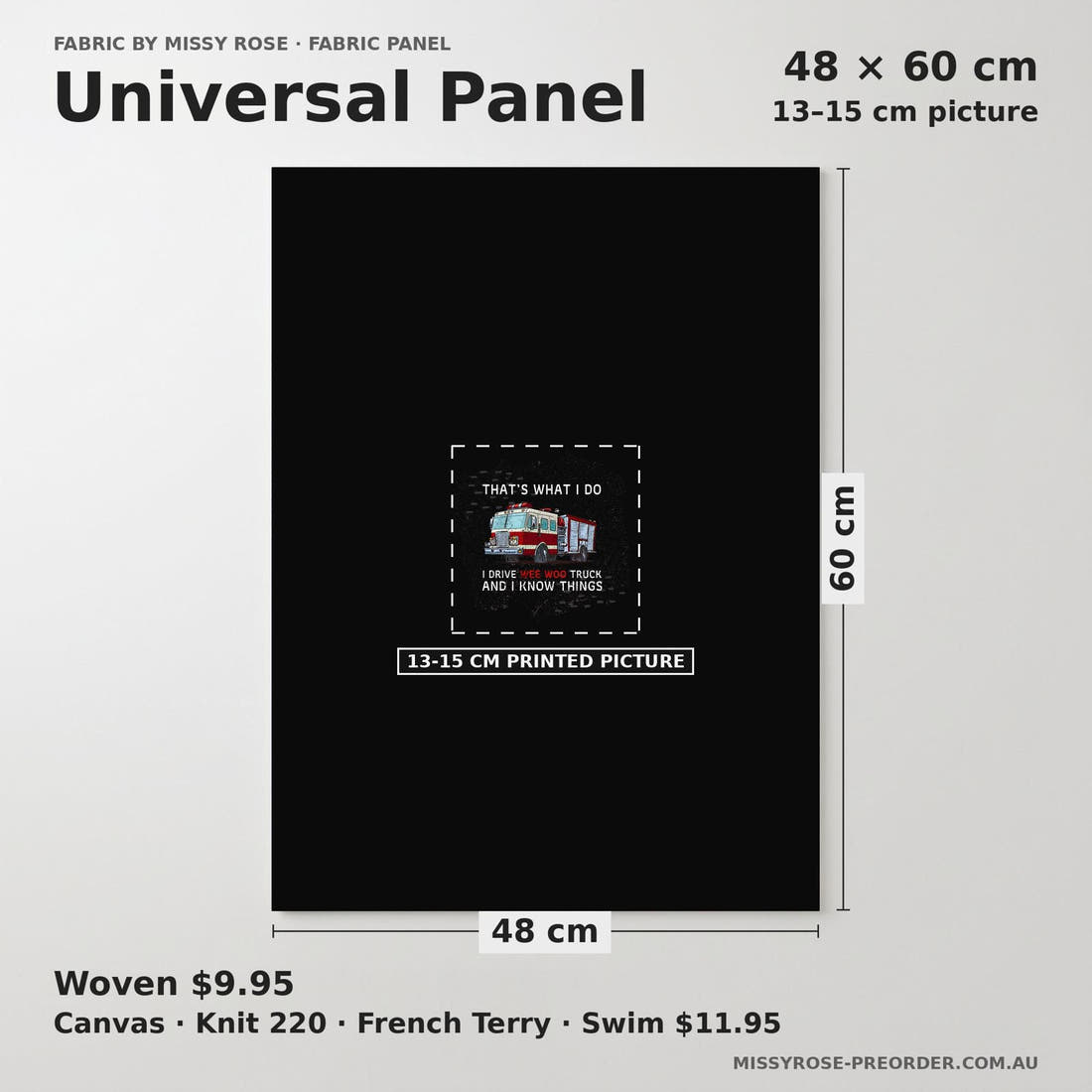 Design 814 Fire Truck Panel universal panel sizing – 13–15 cm printed picture on 48 × 60 cm fabric | Fabric by Missy Rose