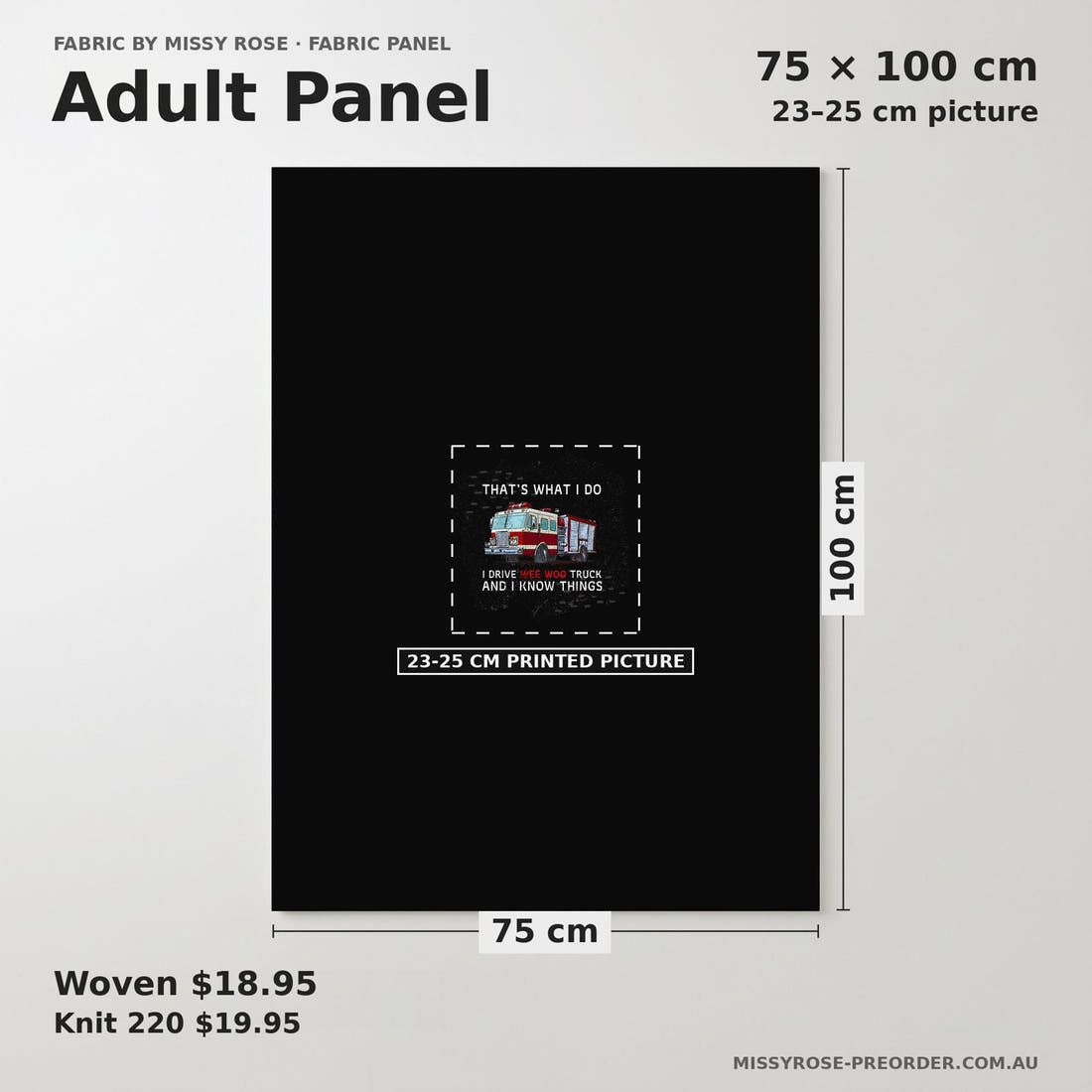 Design 814 Fire Truck Panel adult panel sizing – 23–25 cm printed picture on 75 × 100 cm fabric | Fabric by Missy Rose