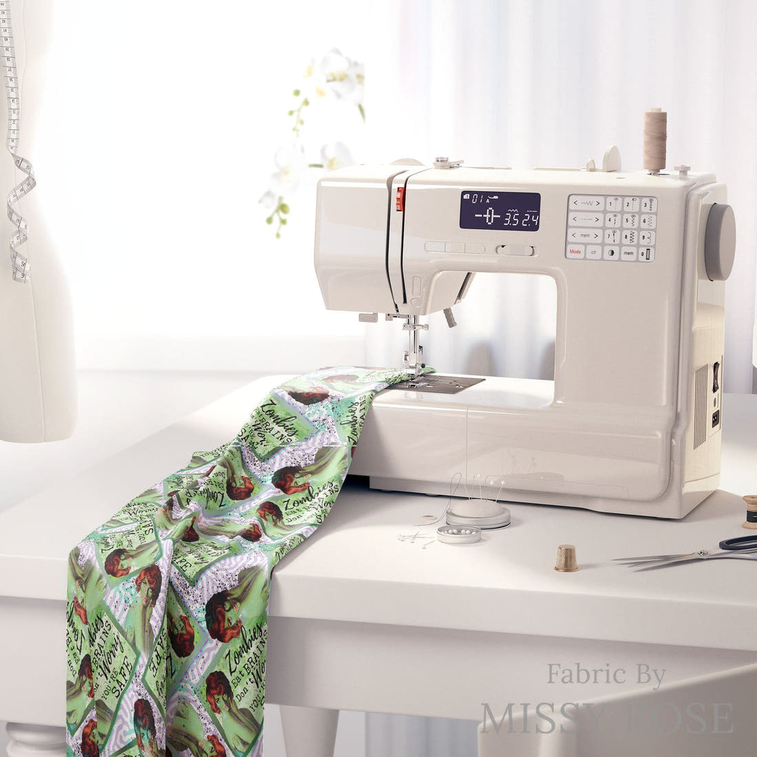 Design 815 Zombie Fabric on a sewing machine – premium fabric for sewing projects | Fabric by Missy Rose