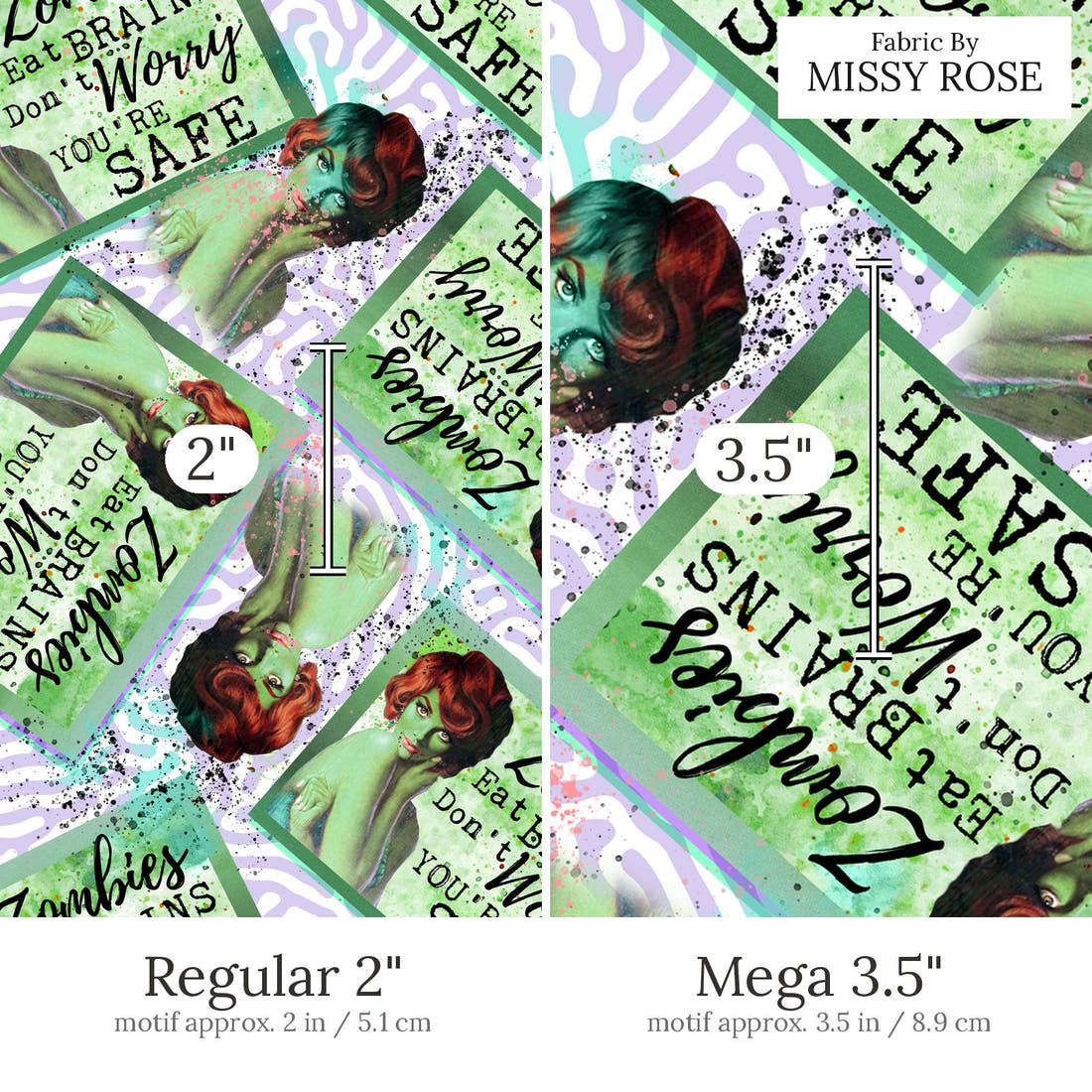Design 815 Zombie Fabric Regular 2 inch vs Mega 3.5 inch print scale side by side | Fabric by Missy Rose