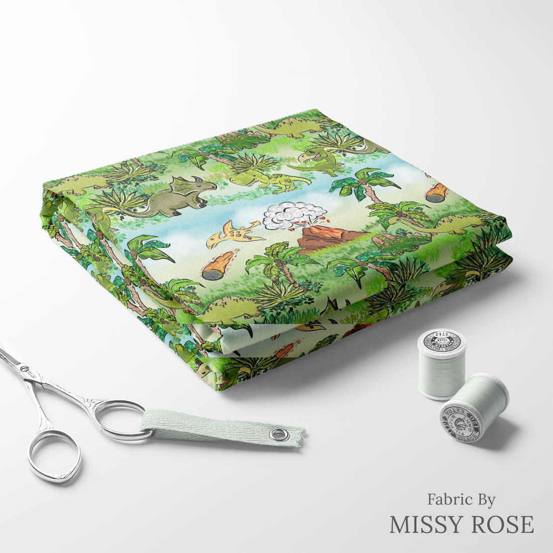 Design 816 Dinosaur Fabric folded fabric stack with matching thread – pre-order fabric Australia | Fabric by Missy Rose