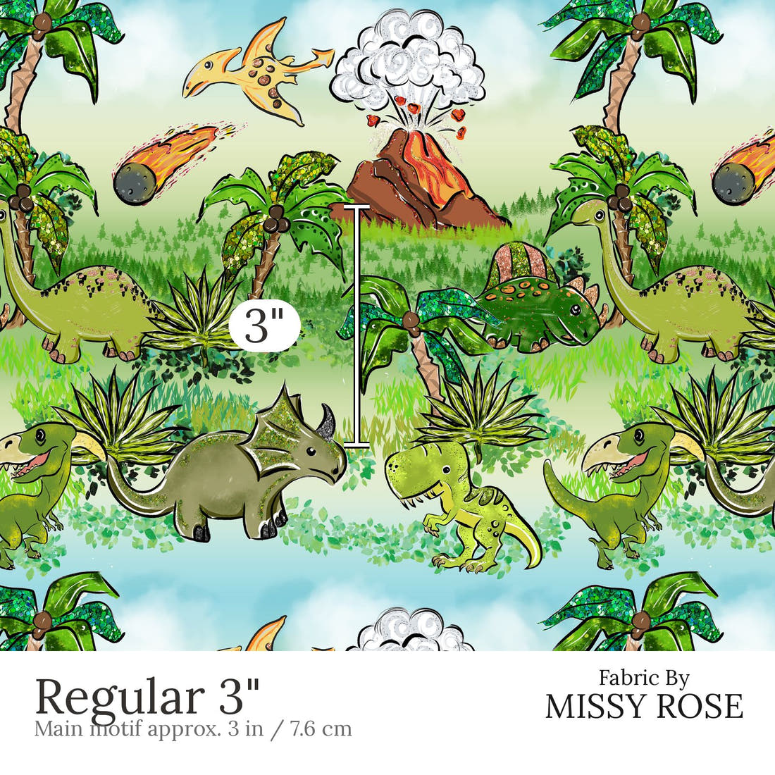 Design 816 Dinosaur Fabric Regular 3 inch print scale guide | Fabric by Missy Rose