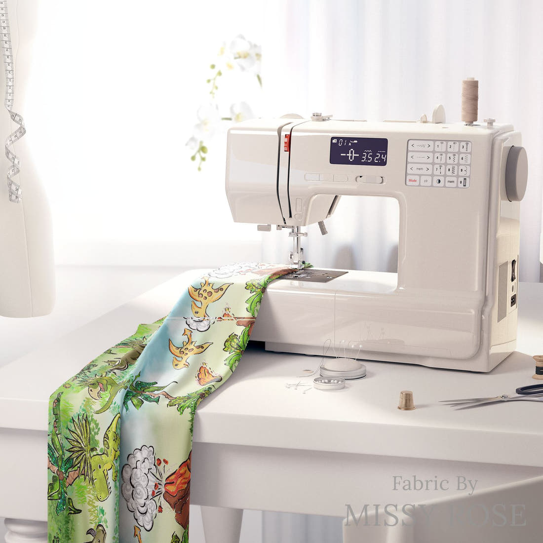 Design 816 Dinosaur Fabric on a sewing machine – premium fabric for sewing projects | Fabric by Missy Rose