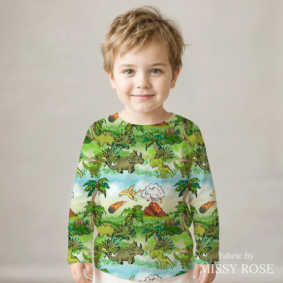 Design 816 Dinosaur Fabric sewn into a kids' long sleeve top – see how the print looks made up | Fabric by Missy Rose