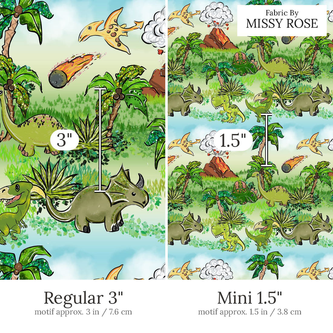 Design 816 Dinosaur Fabric Regular 3 inch vs Mini 1.5 inch print scale side by side | Fabric by Missy Rose