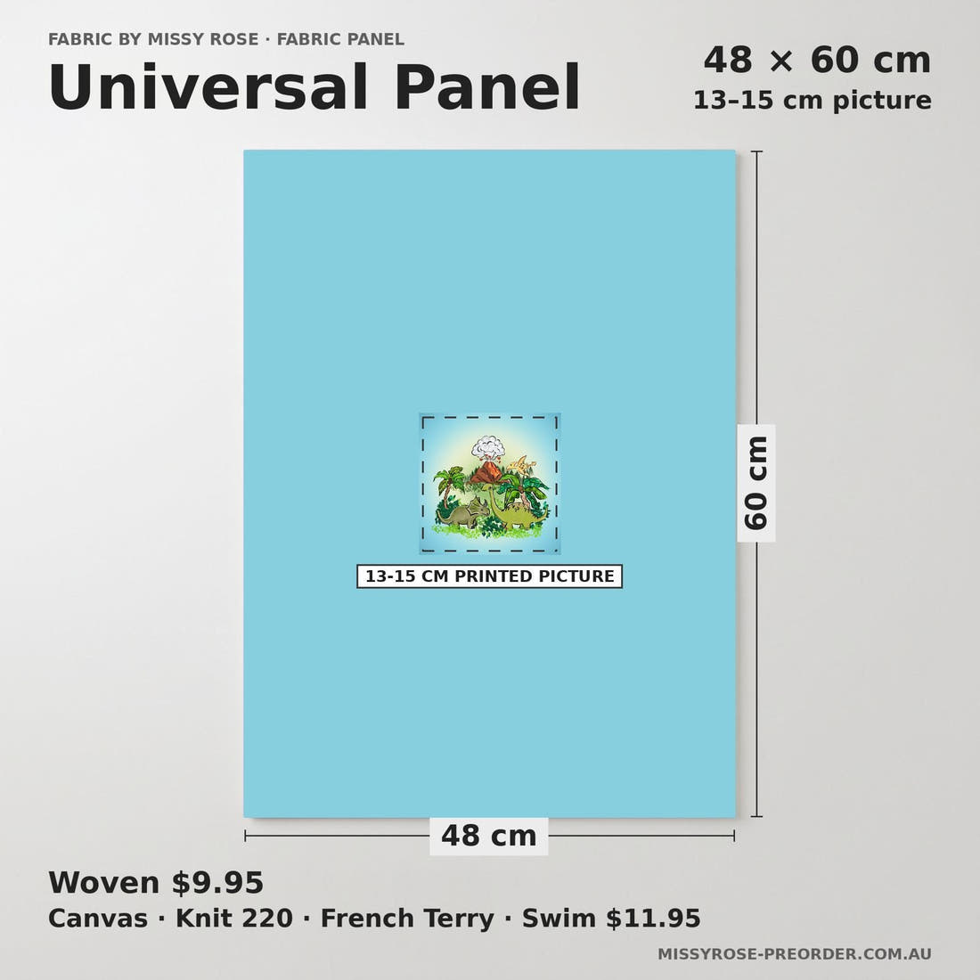 Design 816 Dinosaur Panel universal panel sizing – 13–15 cm printed picture on 48 × 60 cm fabric | Fabric by Missy Rose