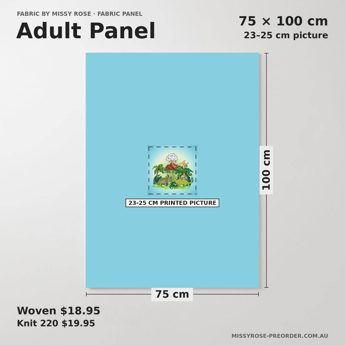 Design 816 Dinosaur Panel adult panel sizing – 23–25 cm printed picture on 75 × 100 cm fabric | Fabric by Missy Rose