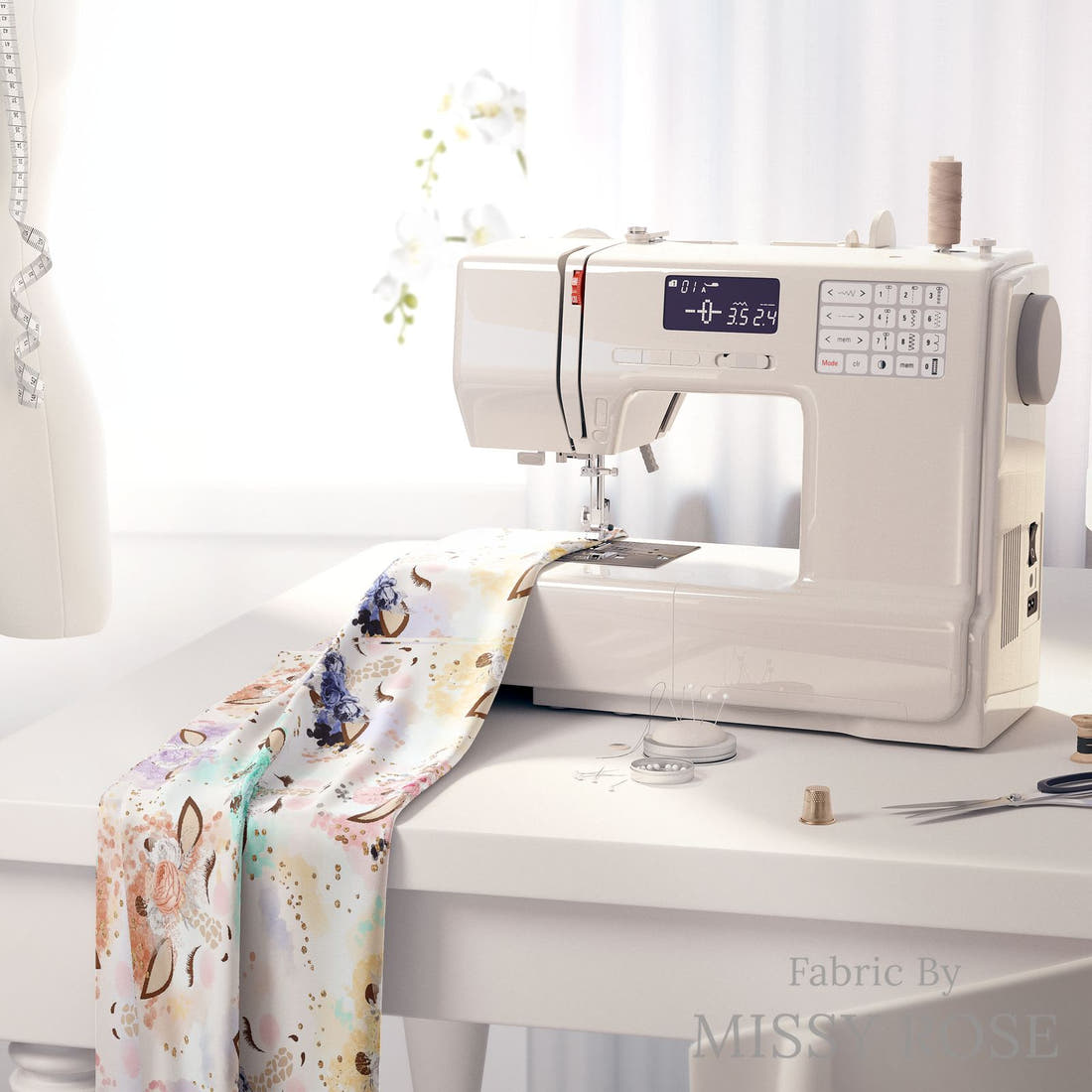 Design 817 Giraffe Fabric on a sewing machine – premium fabric for sewing projects | Fabric by Missy Rose