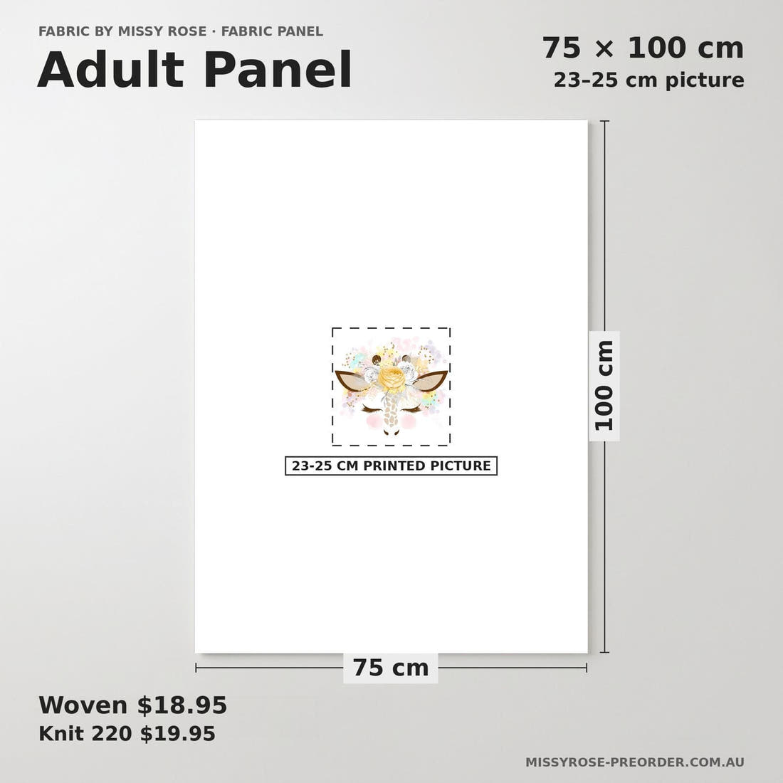 Design 817 Giraffe Panel adult panel sizing – 23–25 cm printed picture on 75 × 100 cm fabric | Fabric by Missy Rose