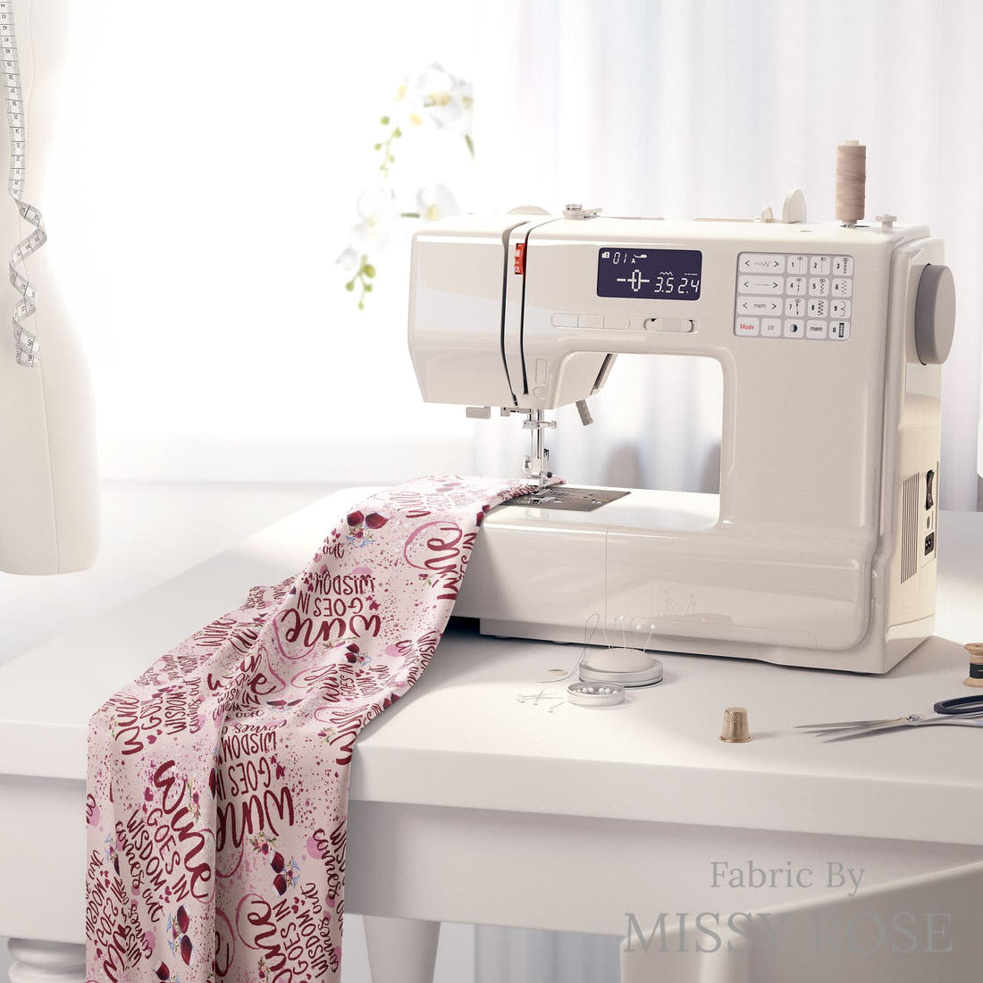 Design 818 Wisdom Fabric on a sewing machine – premium fabric for sewing projects | Fabric by Missy Rose
