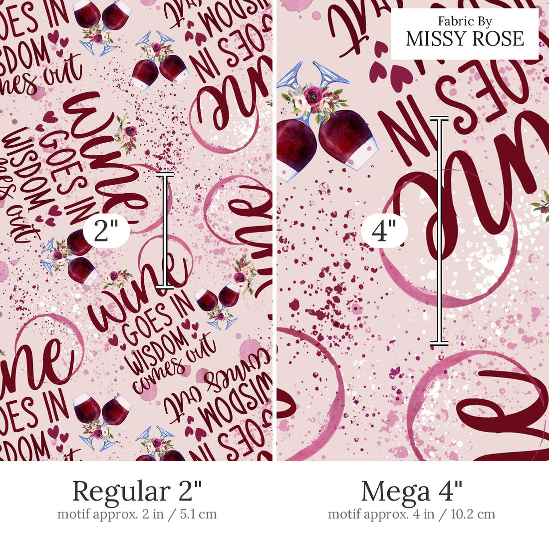 Design 818 Wisdom Fabric Regular 2 inch vs Mega 4 inch print scale side by side | Fabric by Missy Rose