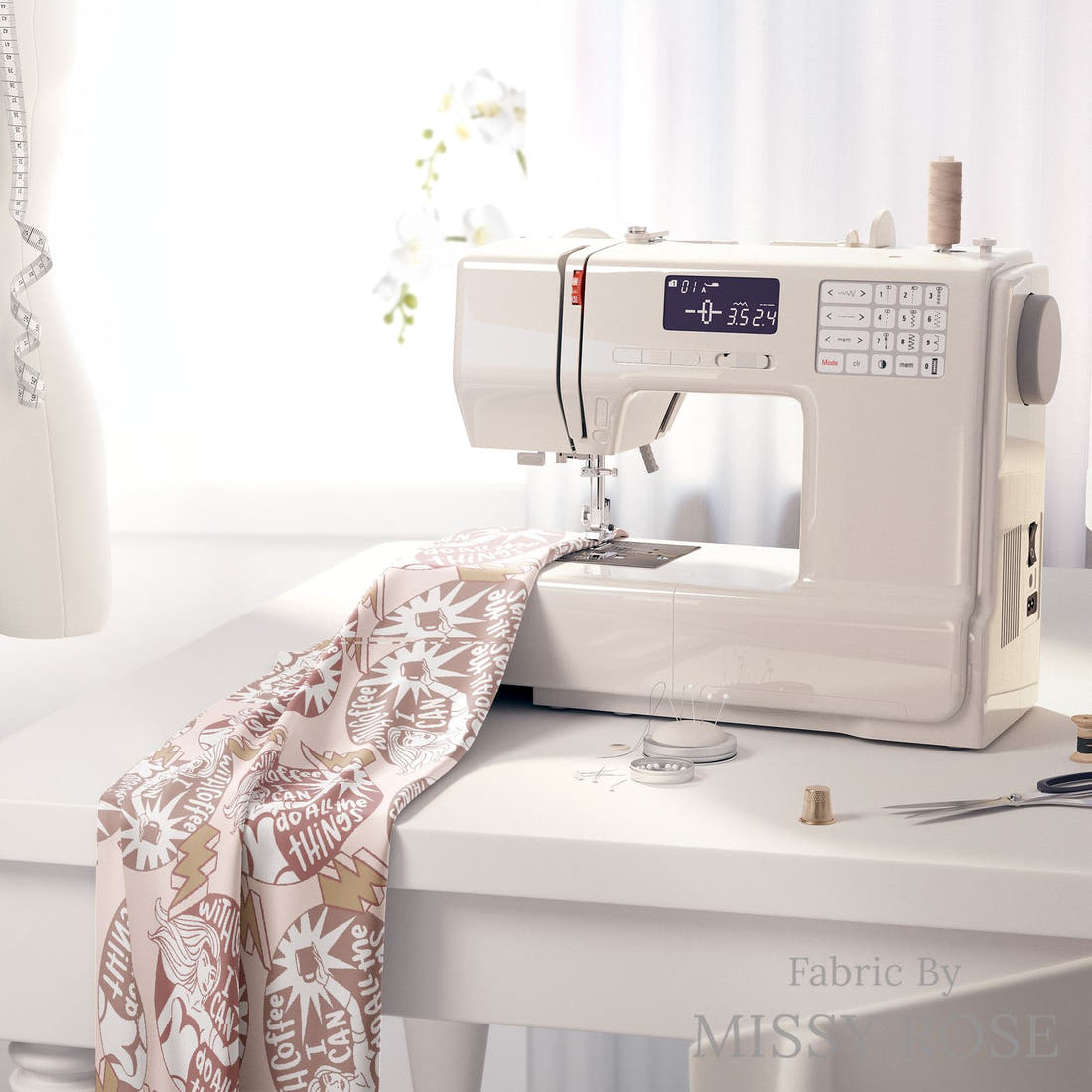 Design 819 Coffee Fabric on a sewing machine – premium fabric for sewing projects | Fabric by Missy Rose