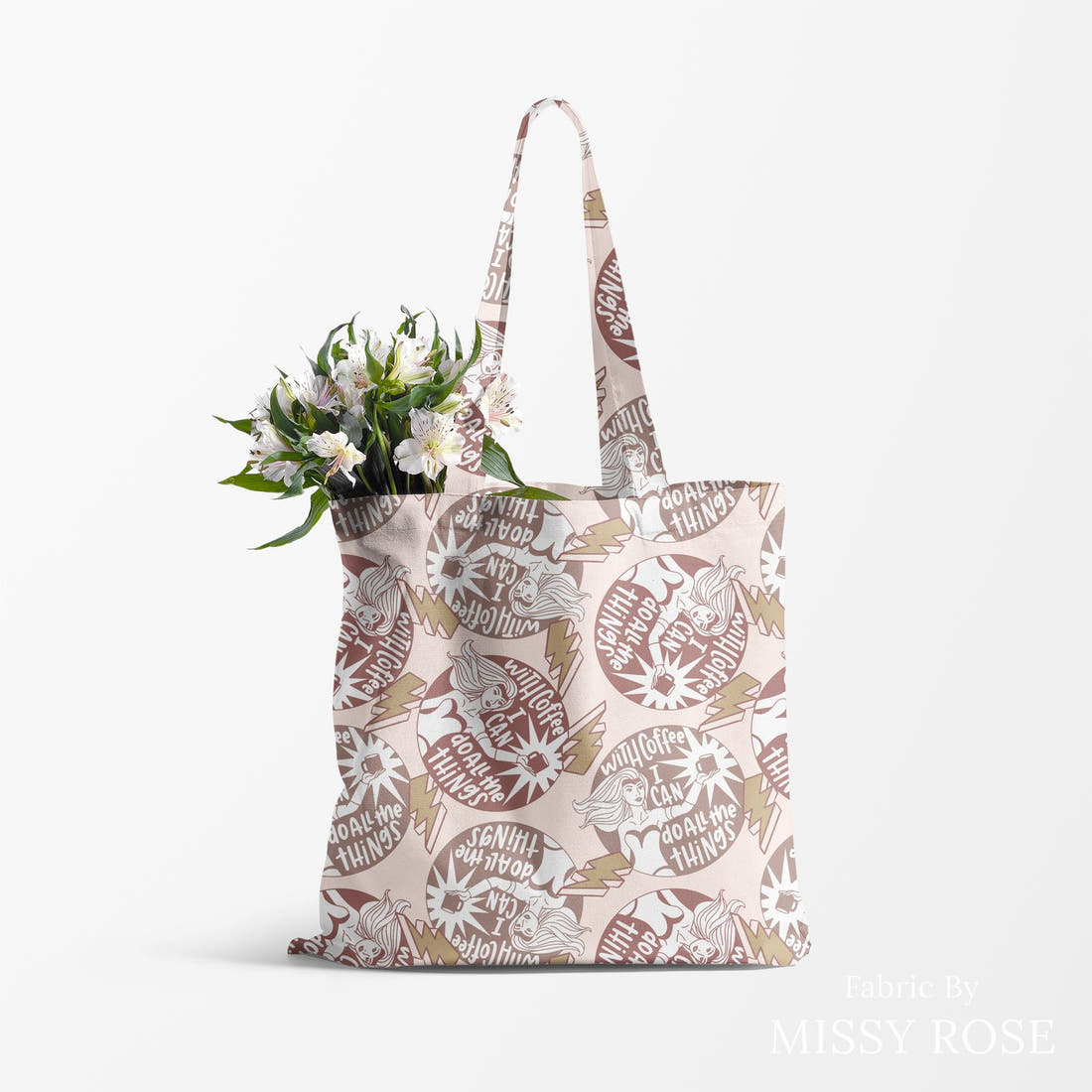 Design 819 Coffee Fabric made up as a tote bag – see how the print looks made up | Fabric by Missy Rose