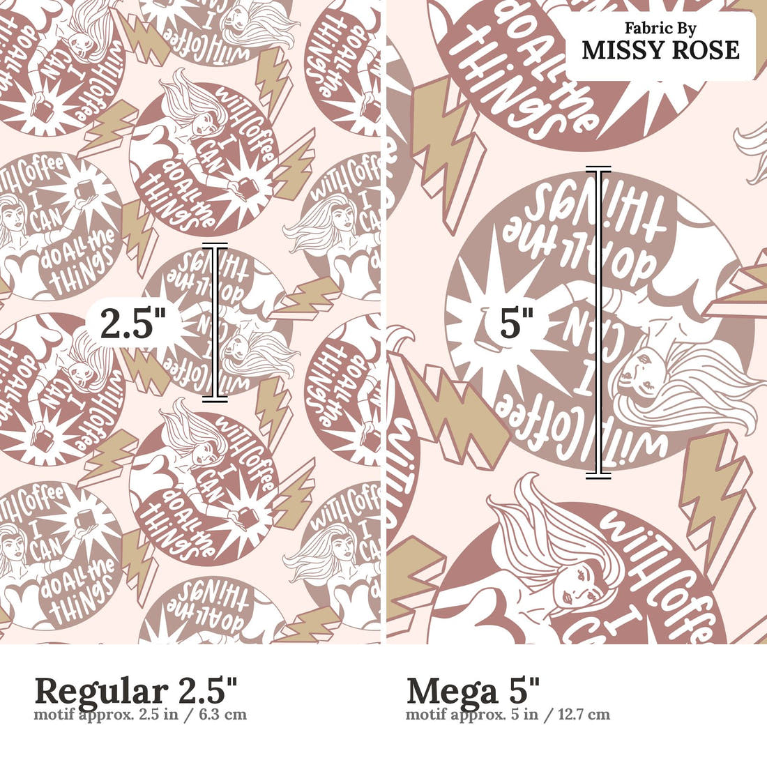Design 819 Coffee Fabric size comparison - print scale | Fabric by Missy Rose