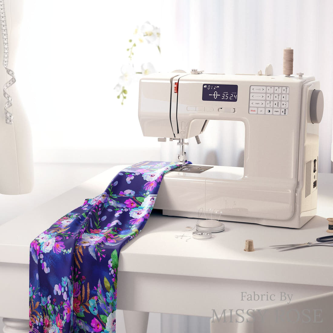 Design 82 Floral Fabric on a sewing machine – premium fabric for sewing projects | Fabric by Missy Rose