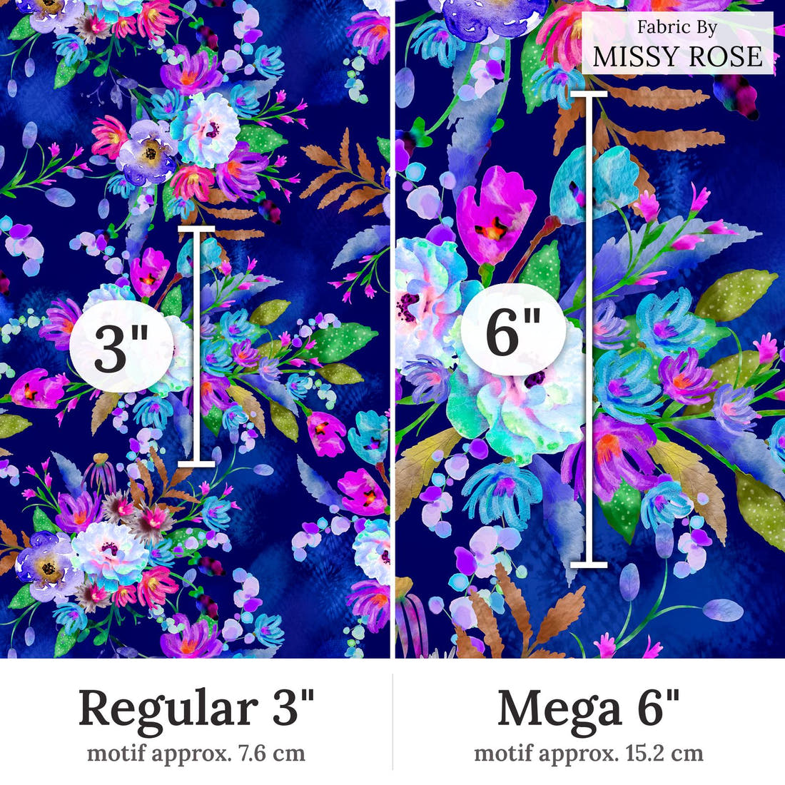 Design 82 Floral Fabric Regular 3 inch vs Mega 6 inch print scale side by side | Fabric by Missy Rose