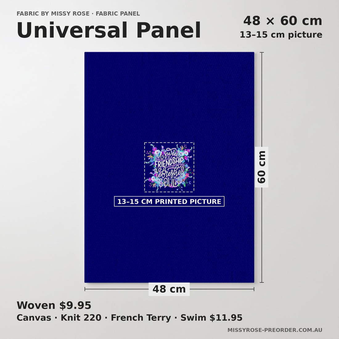 Design 82 Floral Panel universal panel sizing – 13–15 cm printed picture on 48 × 60 cm fabric | Fabric by Missy Rose