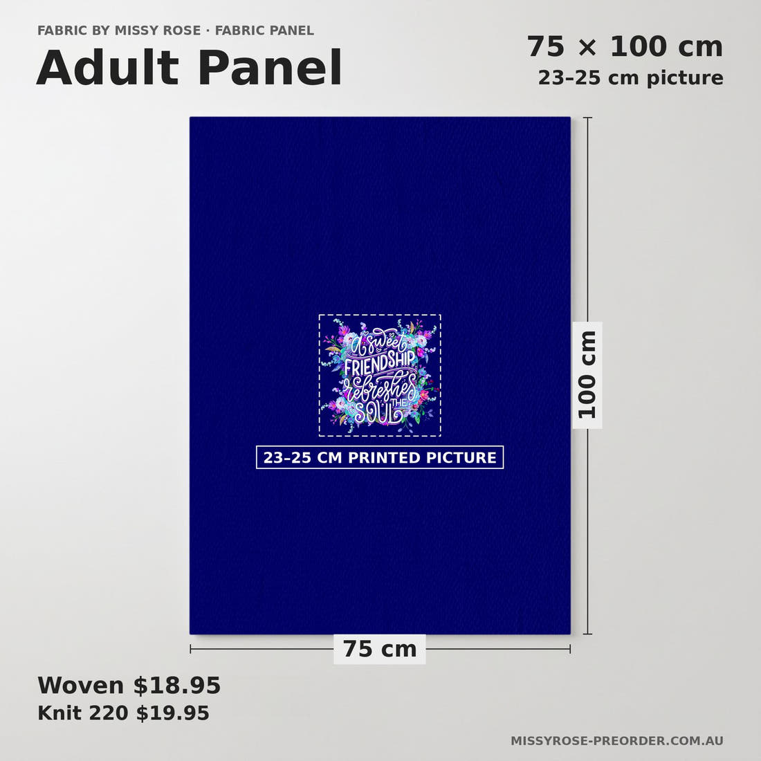 Design 82 Floral Panel adult panel sizing – 23–25 cm printed picture on 75 × 100 cm fabric | Fabric by Missy Rose