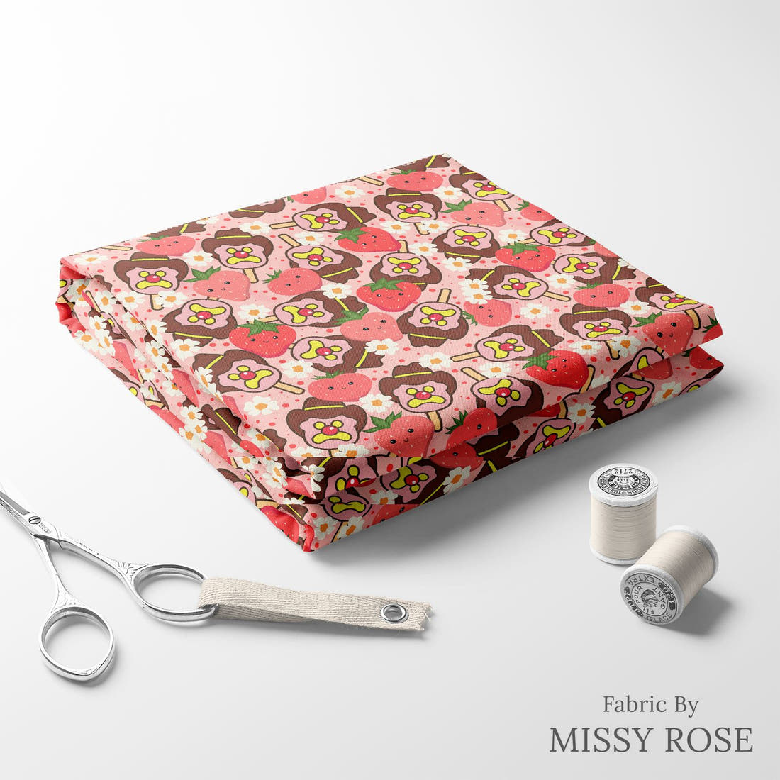 Design 820 Strawberry Ice Cream Fabric folded fabric stack with matching thread – pre-order fabric Australia | Fabric by Missy Rose