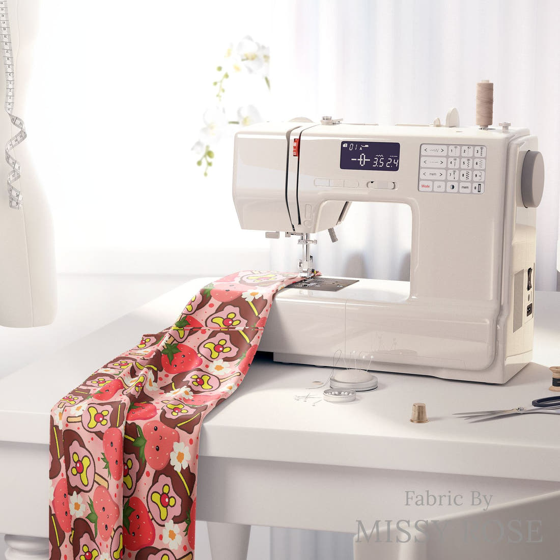 Design 820 Strawberry Ice Cream Fabric on a sewing machine – premium fabric for sewing projects | Fabric by Missy Rose