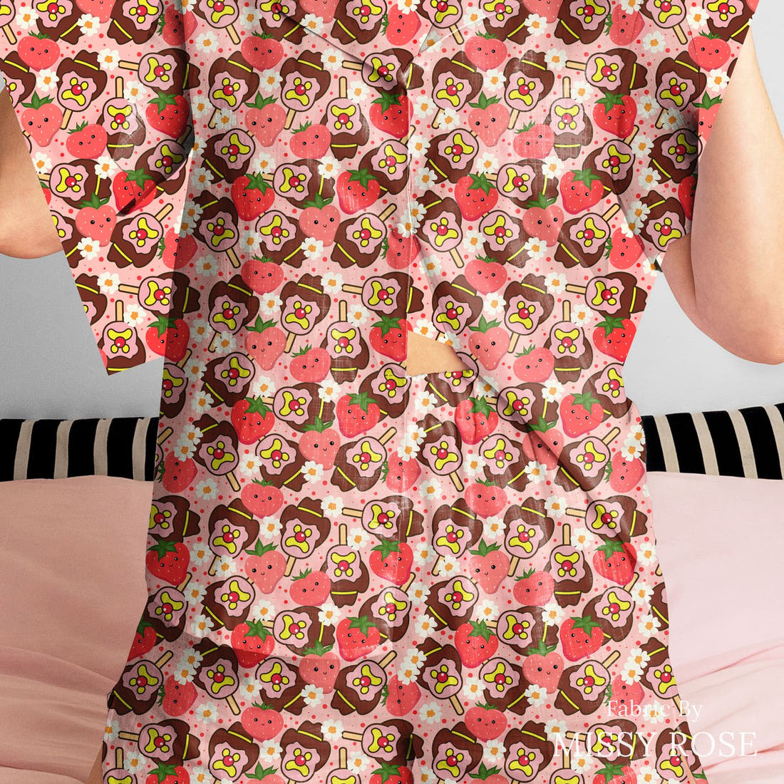Design 820 Strawberry Ice Cream Fabric sewn into a women's pyjama set – see how the print looks made up | Fabric by Missy Rose