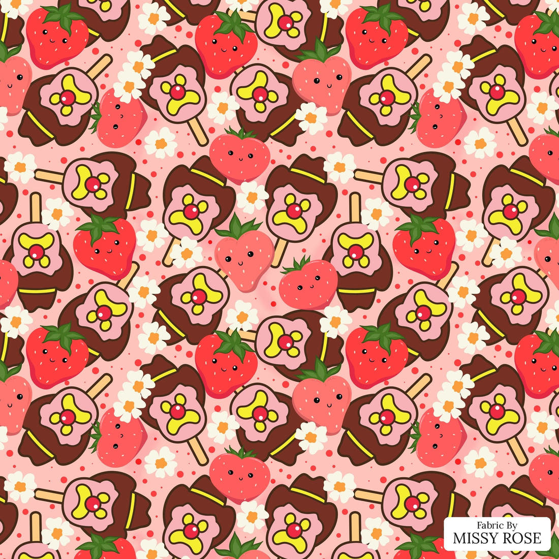 Design 820 Strawberry Ice Cream Fabric - flat view of the print, zoom in for detail | Fabric by Missy Rose