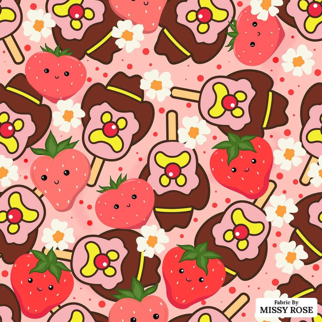 Design 820 Strawberry Ice Cream Fabric - flat view of the print, zoom in for detail | Fabric by Missy Rose