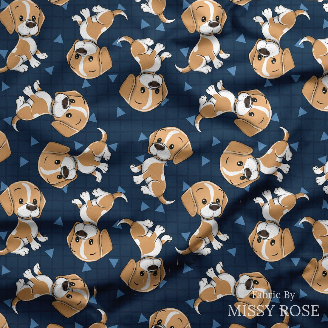 Design 821 Cute Navy Dogs Fabric draped fabric mockup – custom printed fabric by the metre | Fabric by Missy Rose
