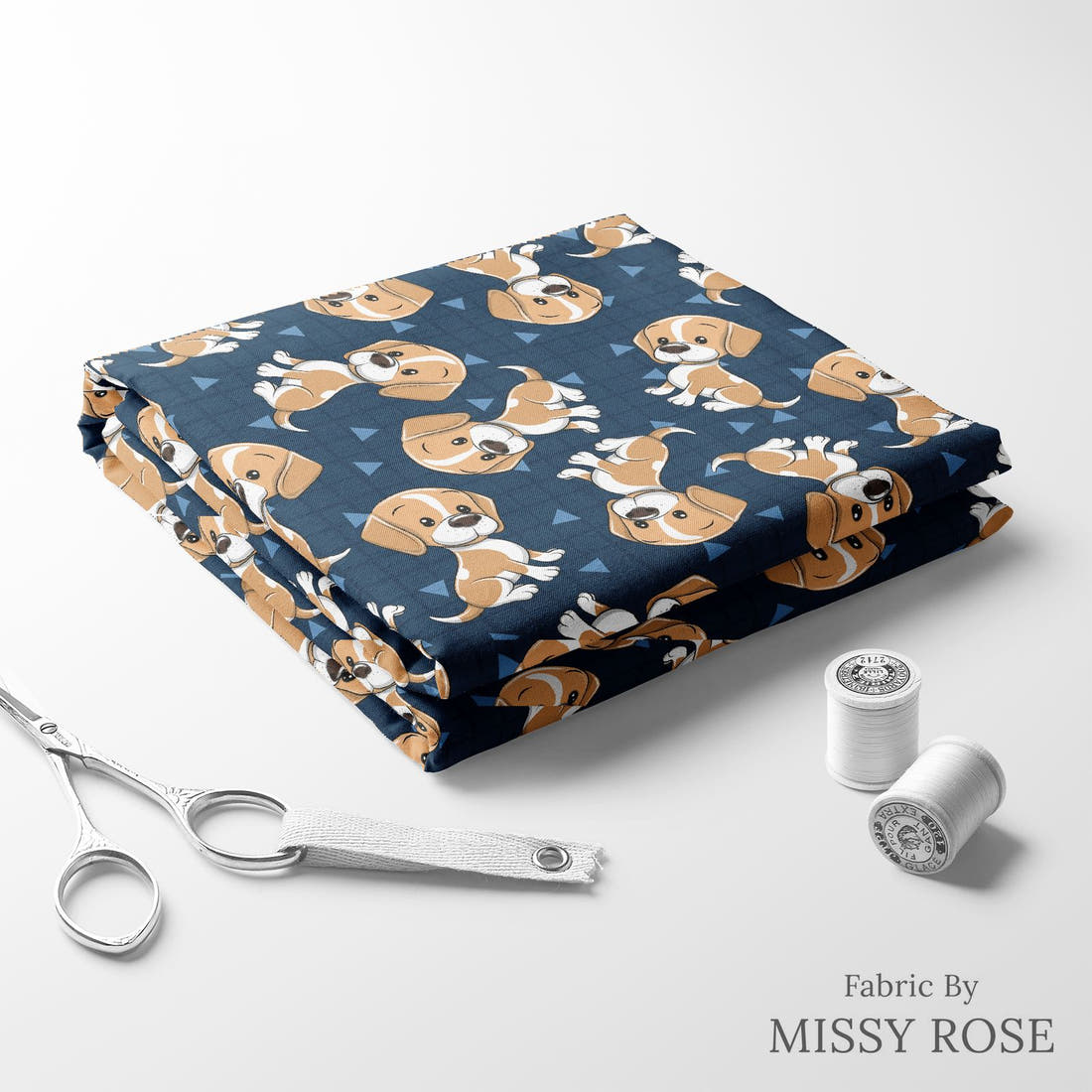 Design 821 Cute Navy Dogs Fabric folded fabric stack with matching thread – pre-order fabric Australia | Fabric by Missy Rose