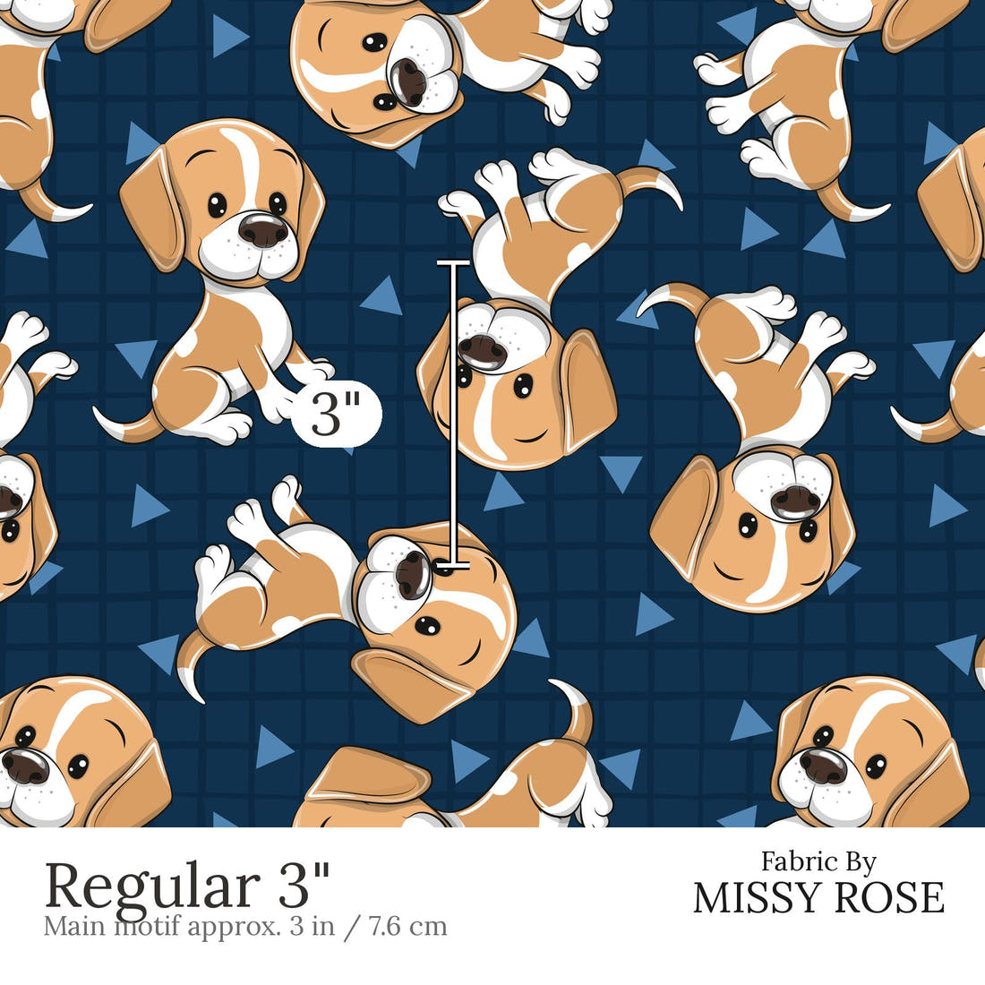 Design 821 Cute Navy Dogs Fabric Regular 3 inch print scale guide | Fabric by Missy Rose