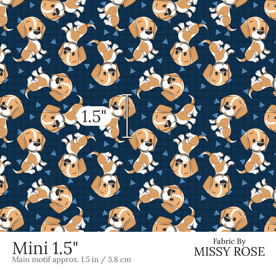 Design 821 Cute Navy Dogs Fabric Mini 1.5 inch print scale guide | Fabric by Missy Rose