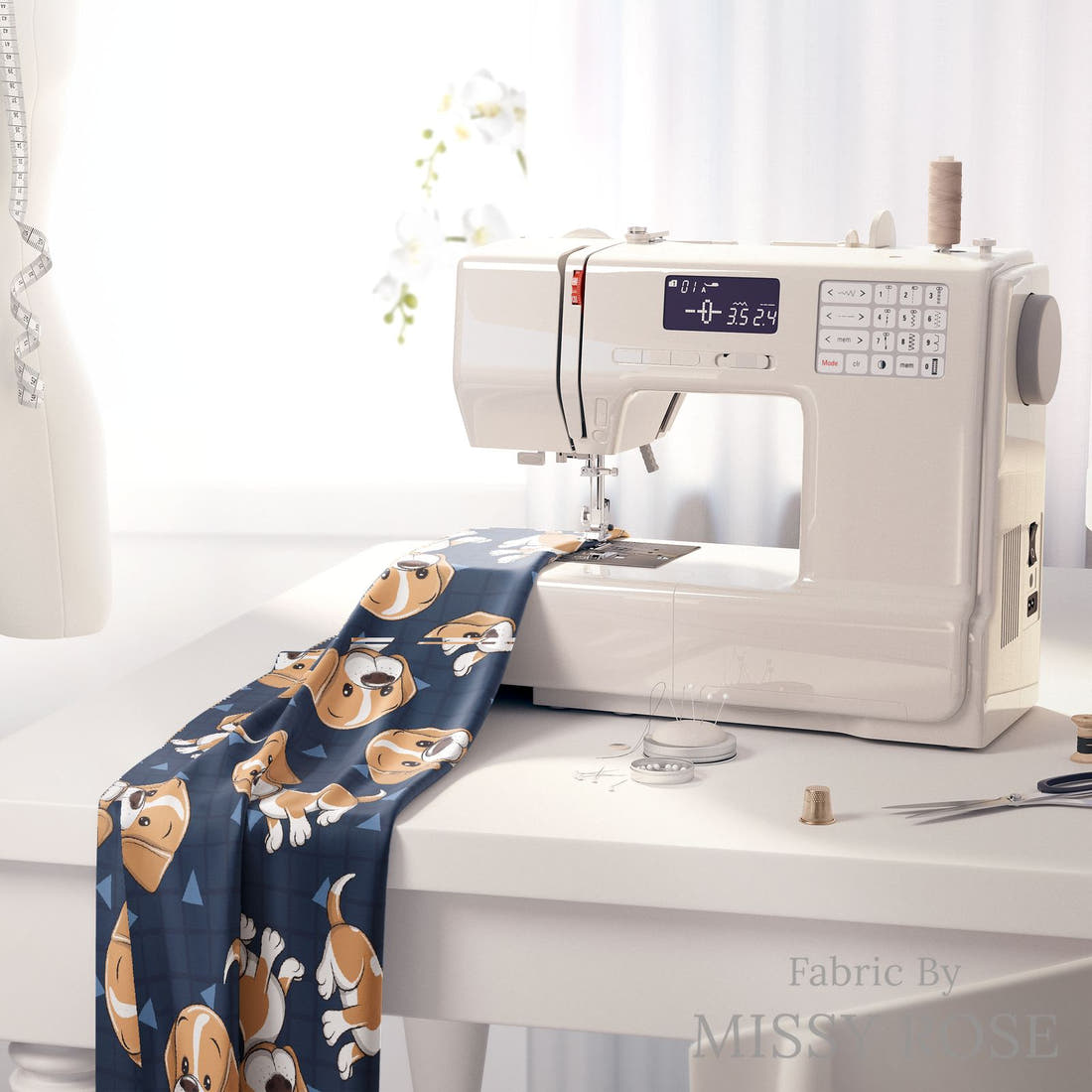 Design 821 Cute Navy Dogs Fabric on a sewing machine – premium fabric for sewing projects | Fabric by Missy Rose