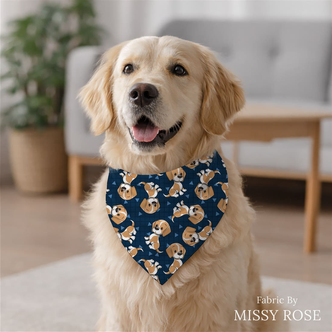 Design 821 Cute Navy Dogs Fabric sewn into a dog bandana – see how the print looks made up | Fabric by Missy Rose
