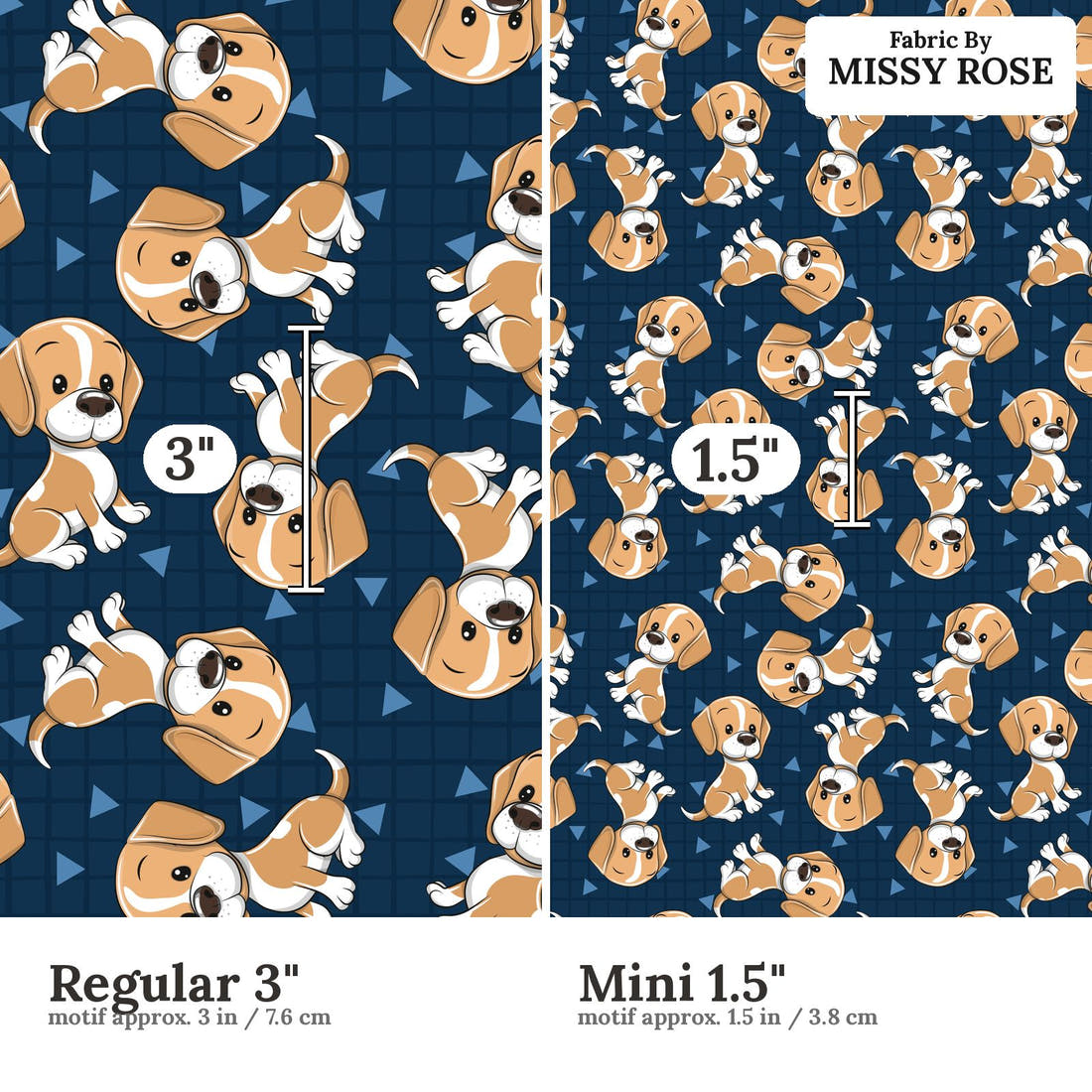 Design 821 Cute Navy Dogs Fabric size comparison - print scale | Fabric by Missy Rose