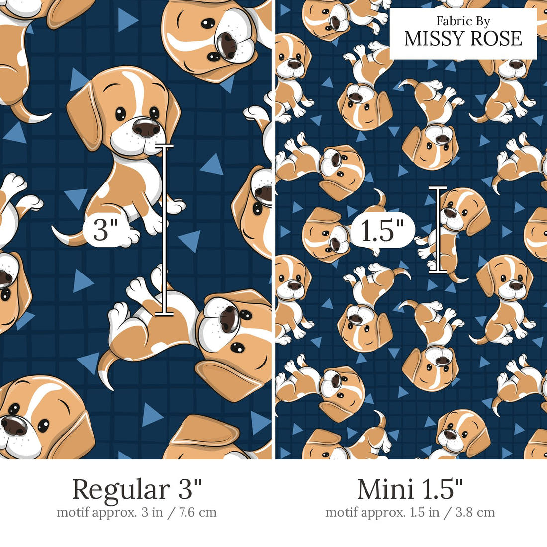 Design 821 Cute Navy Dogs Fabric Regular 3 inch vs Mini 1.5 inch print scale side by side | Fabric by Missy Rose