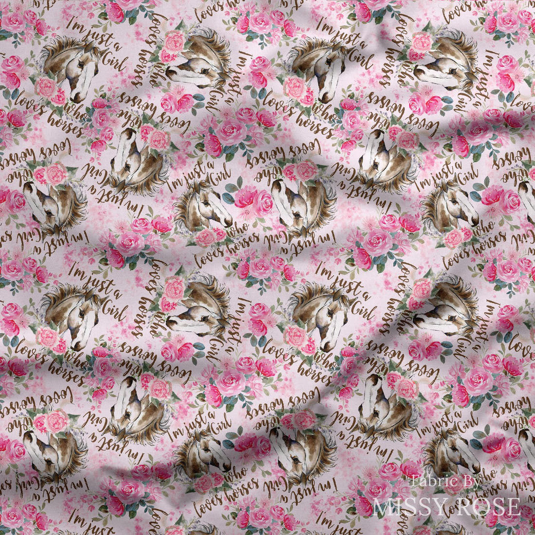 Design 822 Pink Horse Fabric draped fabric mockup – custom printed fabric by the metre | Fabric by Missy Rose