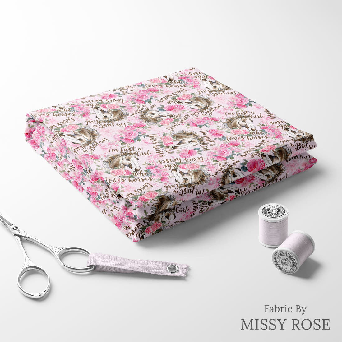 Design 822 Pink Horse Fabric folded fabric stack with matching thread – pre-order fabric Australia | Fabric by Missy Rose