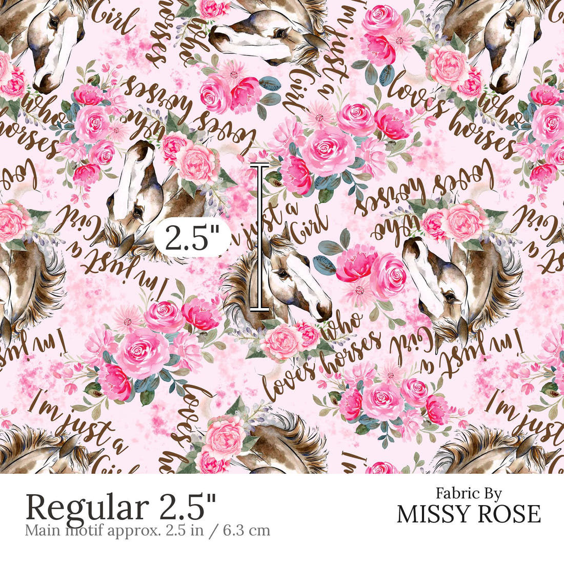Design 822 Pink Horse Fabric Regular 2.5 inch print scale guide | Fabric by Missy Rose