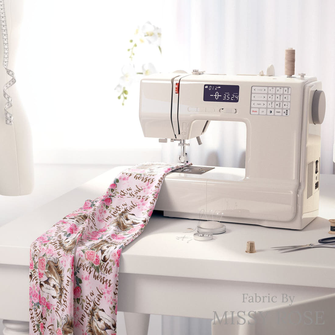 Design 822 Pink Horse Fabric on a sewing machine – premium fabric for sewing projects | Fabric by Missy Rose