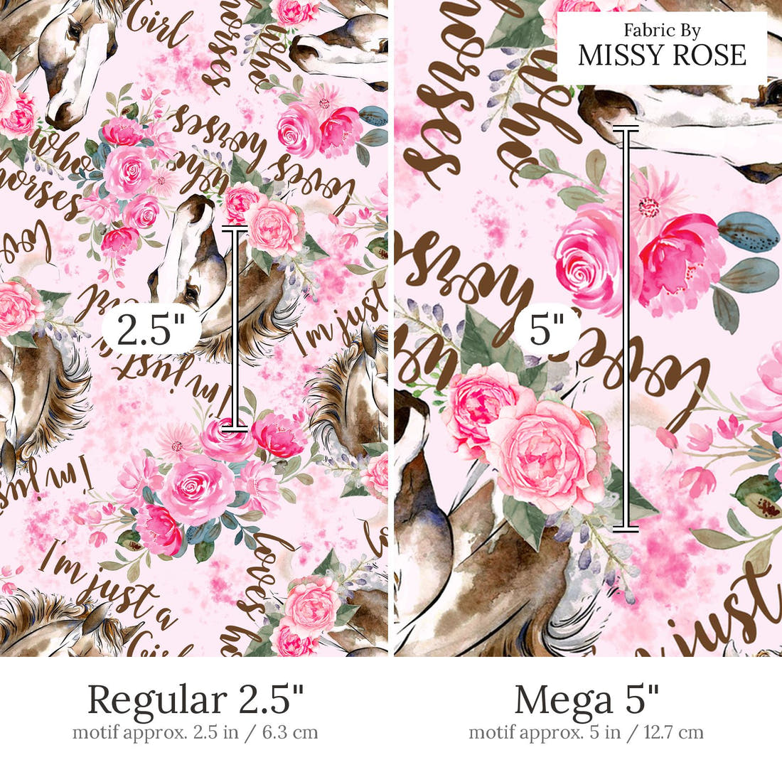 Design 822 Pink Horse Fabric Regular 2.5 inch vs Mega 5 inch print scale side by side | Fabric by Missy Rose