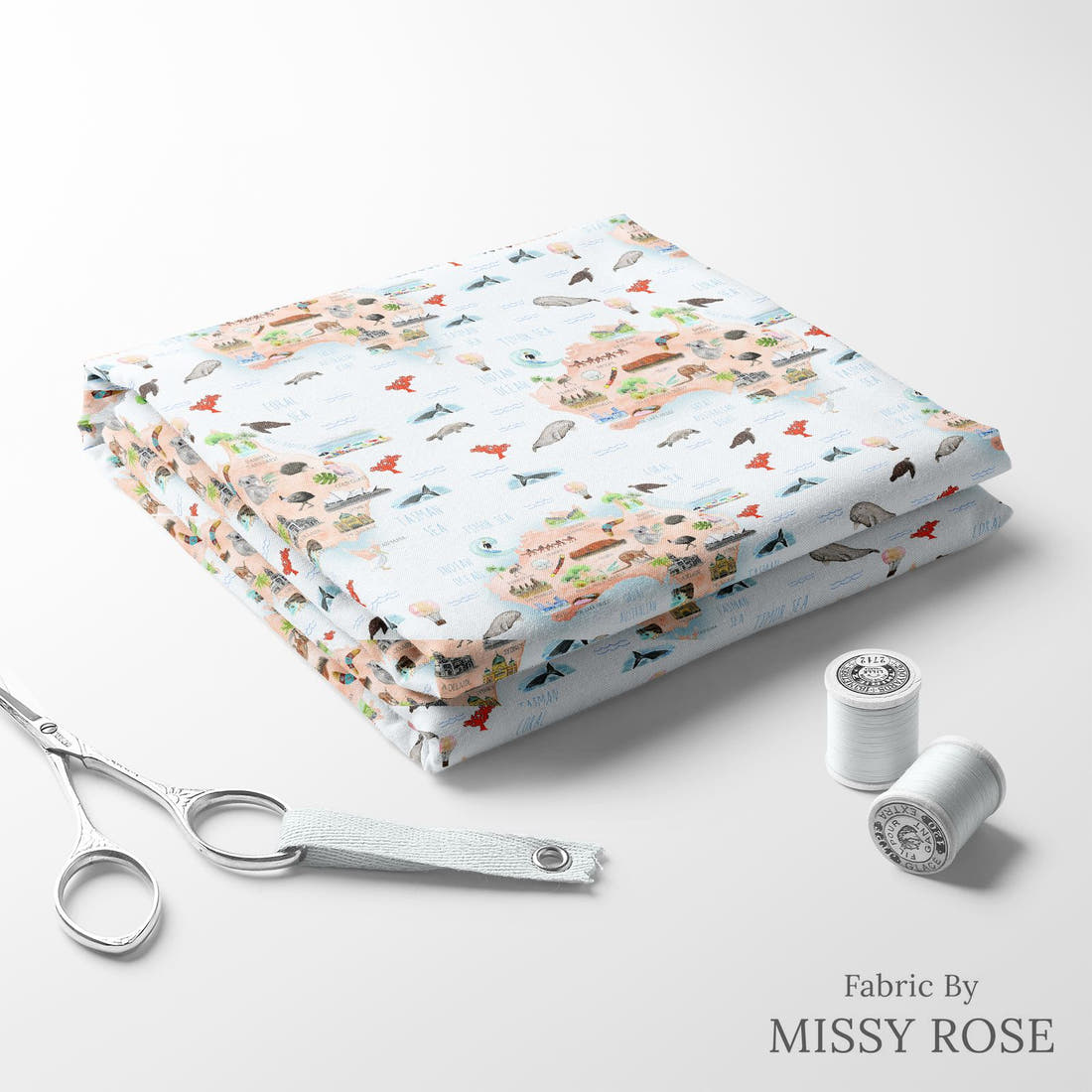Design 823 Map Fabric folded fabric stack with matching thread – pre-order fabric Australia | Fabric by Missy Rose