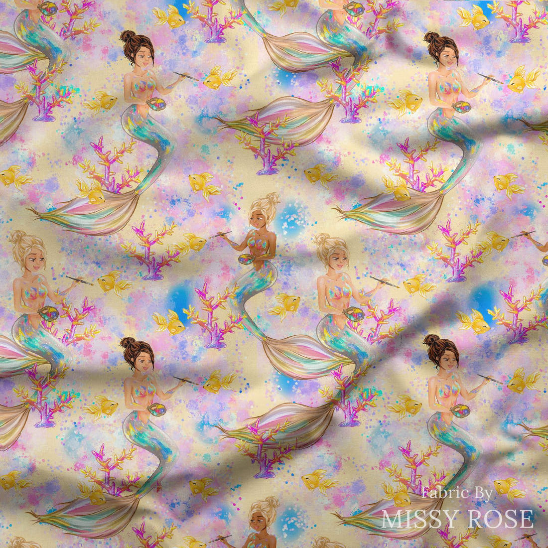 Design 824 Artistic Mermaid Fabric draped fabric mockup – custom printed fabric by the metre | Fabric by Missy Rose