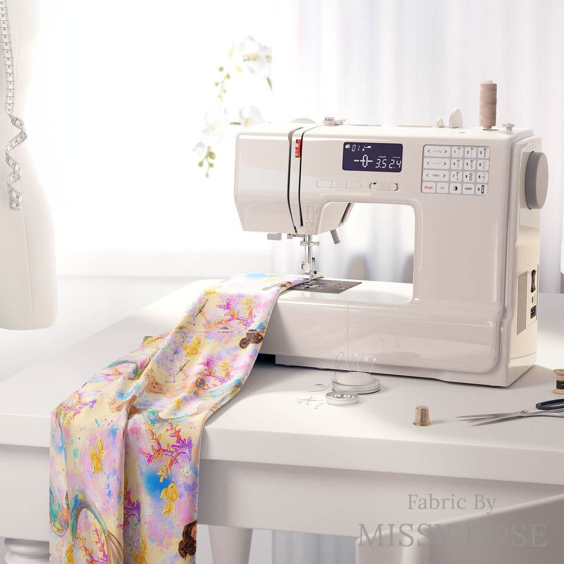 Design 824 Artistic Mermaid Fabric on a sewing machine – premium fabric for sewing projects | Fabric by Missy Rose
