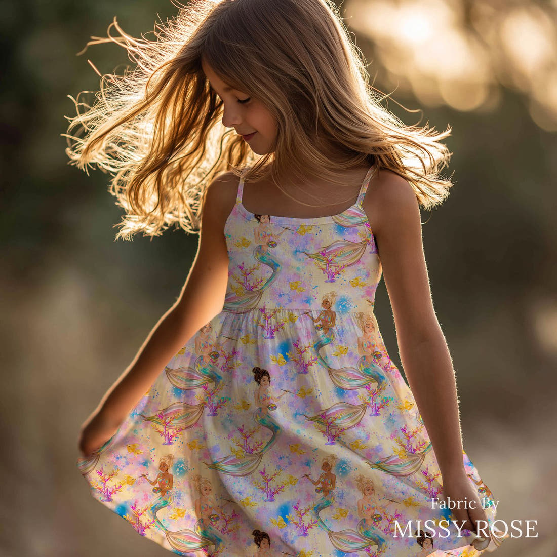 Design 824 Artistic Mermaid Fabric sewn into a girls' dress – see how the print looks made up | Fabric by Missy Rose