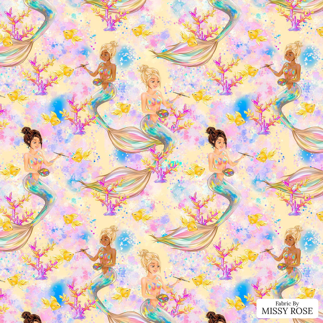 Design 824 Artistic Mermaid Fabric - flat view of the print, zoom in for detail | Fabric by Missy Rose