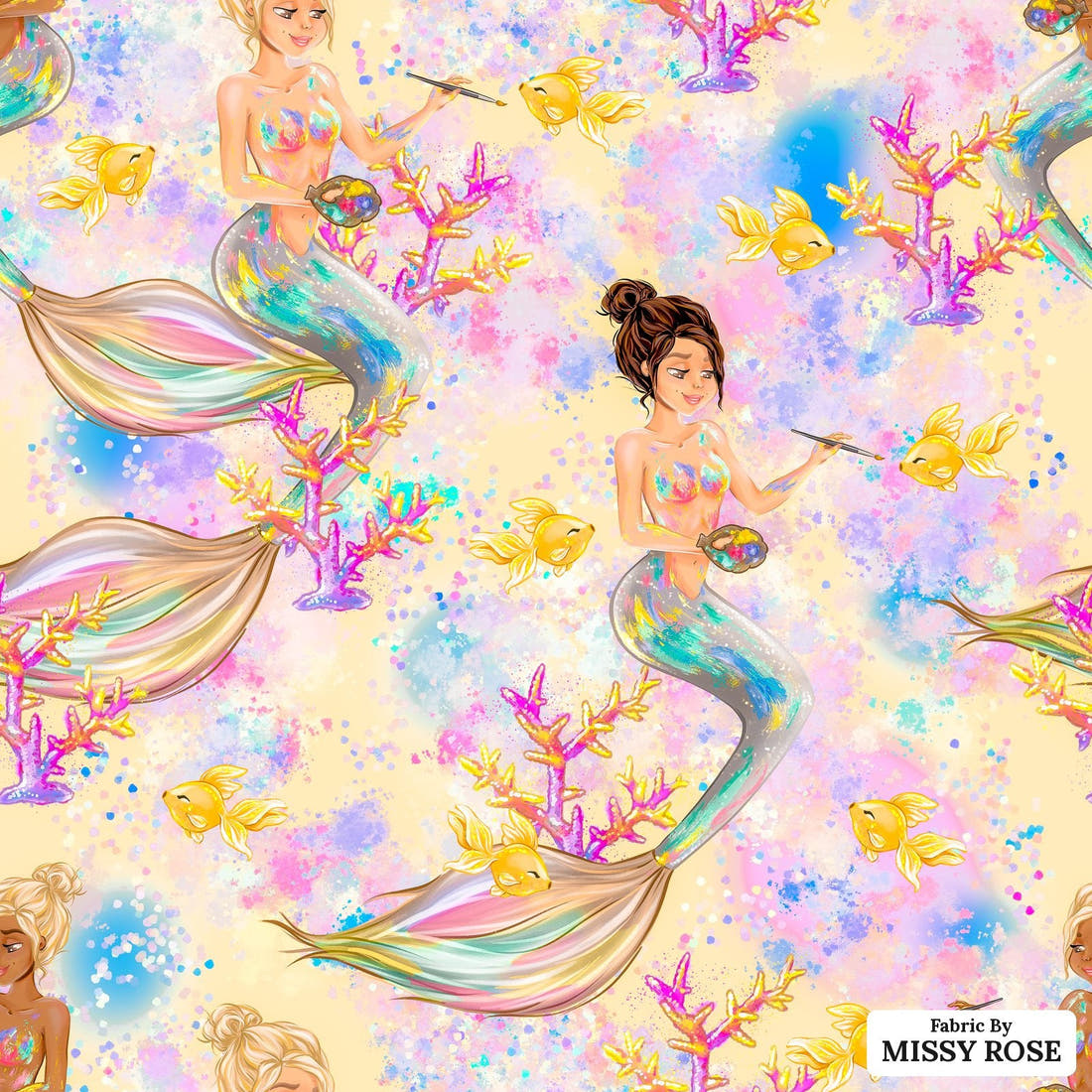 Design 824 Artistic Mermaid Fabric - flat view of the print, zoom in for detail | Fabric by Missy Rose