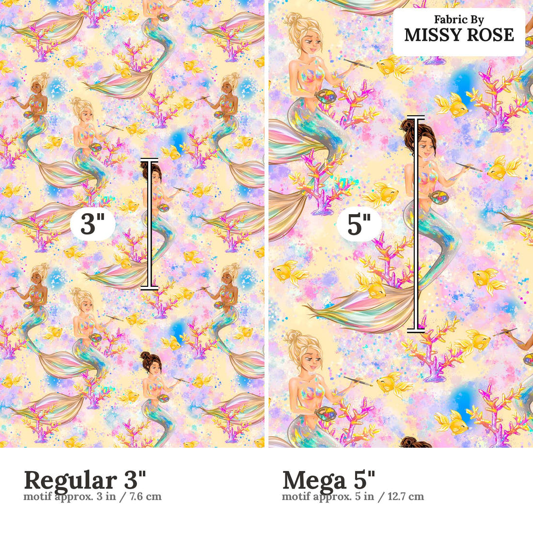 Design 824 Artistic Mermaid Fabric size comparison - print scale | Fabric by Missy Rose