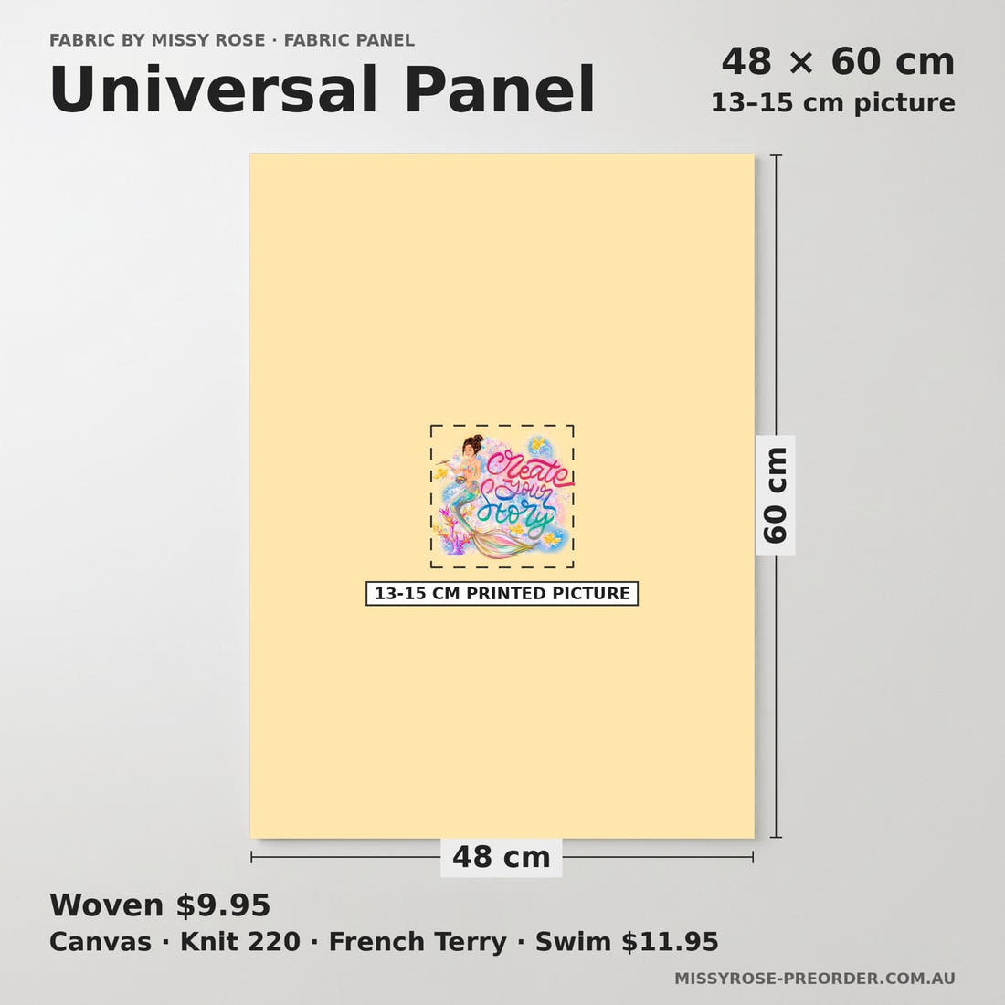 Design 824 Artistic Mermaid Panel universal panel sizing – 13–15 cm printed picture on 48 × 60 cm fabric | Fabric by Missy Rose